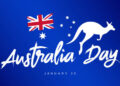 Silhouette of a jumping kangaroo. Australia Day. January 26. Flag of Australia. Banner for the day of the first landing. National Day. Vector illustration on a blue background.