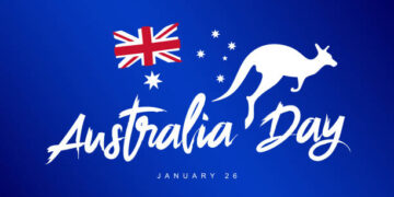 Silhouette of a jumping kangaroo. Australia Day. January 26. Flag of Australia. Banner for the day of the first landing. National Day. Vector illustration on a blue background.
