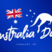 Silhouette of a jumping kangaroo. Australia Day. January 26. Flag of Australia. Banner for the day of the first landing. National Day. Vector illustration on a blue background.